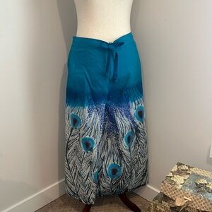 Novica Peacock Batik Print Wide Leg Cotton Pants Size XL